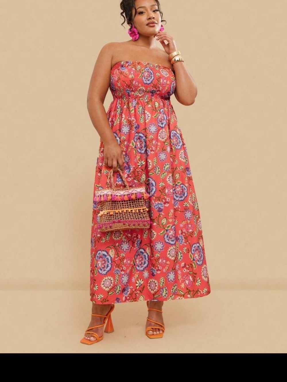 Strapless Floral Maxi Dress in Coral
